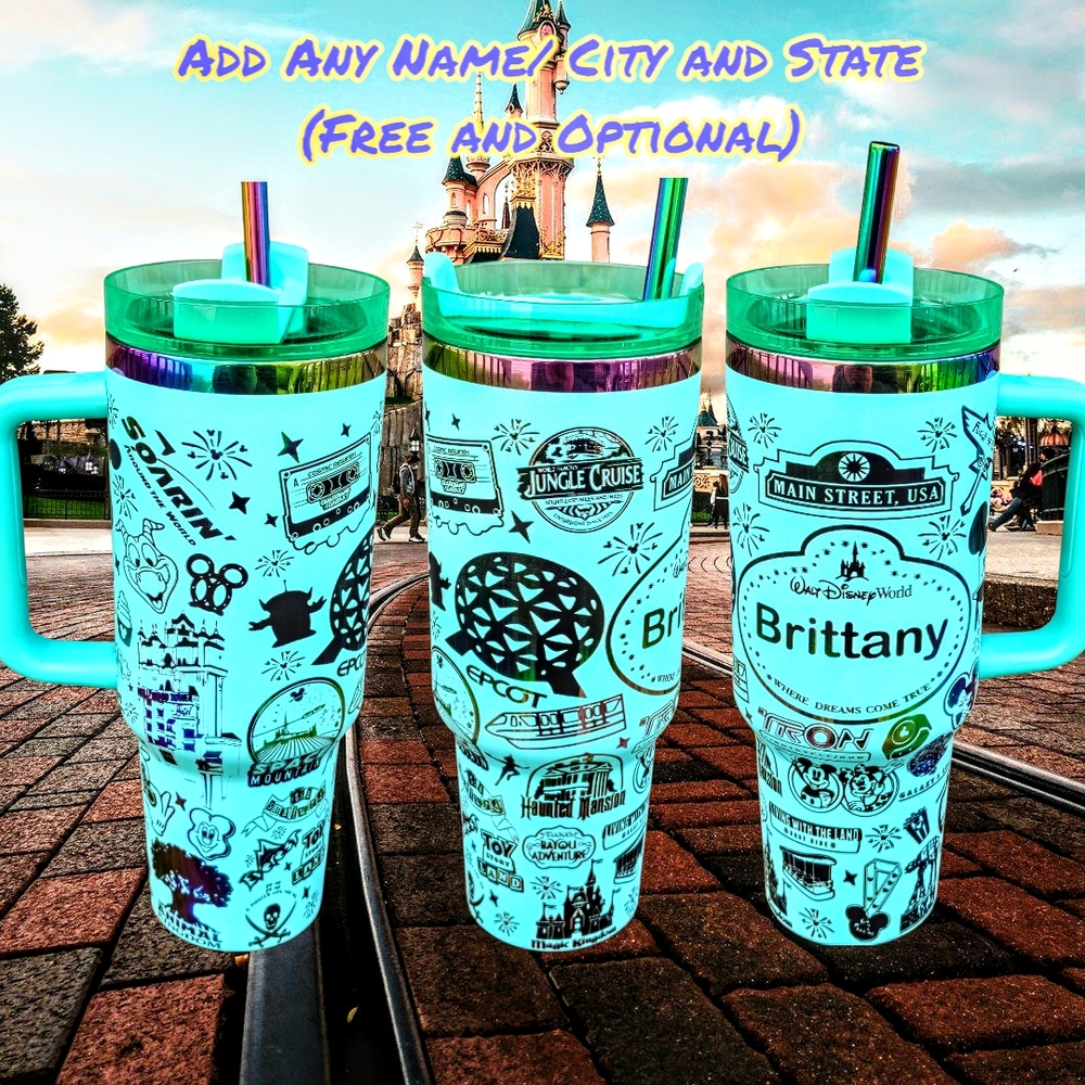 Customizable Disney-Themed Tumblers with Straws - Blue